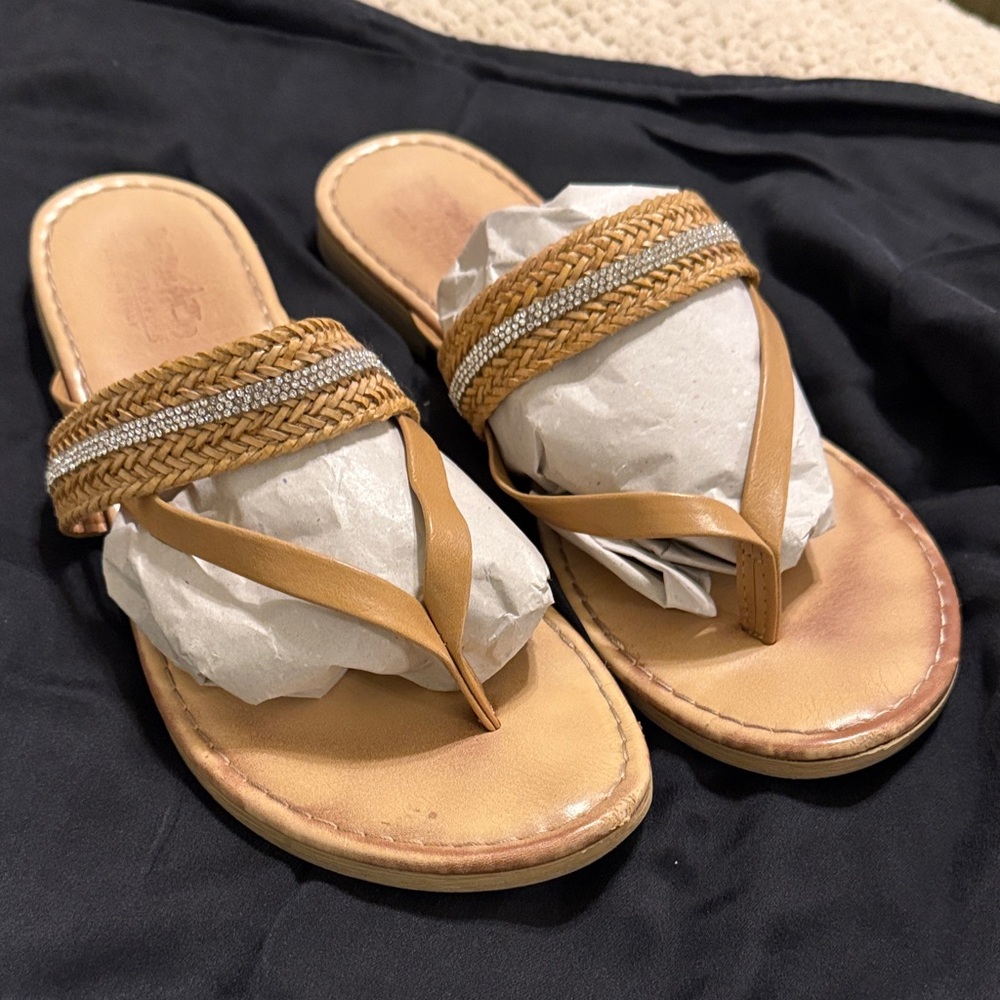 Women’s Tan Braided Rhinestone Thong Sandals